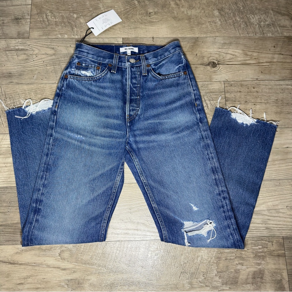 $265 NWT RE/DONE 70s Stove Pipe High Rise Button Fly Knee Rip Jeans Size 25